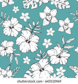 Seamless pattern with black and white sketches of tropical leaves and flowers on blue background. Palm leaf, hibiscus. orchid, plumeria.
