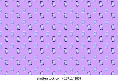 Seamless pattern of black and white smartphones on purple background. Modern illustration in flat style.