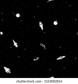 Seamless pattern of black and white spaceships, planets, and stars on a black background.