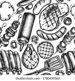 Seamless pattern with black and white spatula, Pork ribs, kebab, sausages, steak, sauce bottles, grilled burger patties, grilled tomato, grilled salmon steak, grilled bell pepper