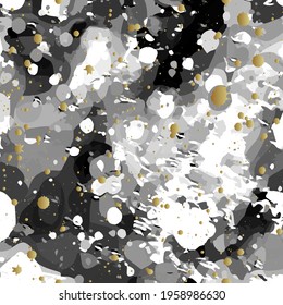 Seamless pattern from black and white splashes and gold smudges. Abstract vector color background