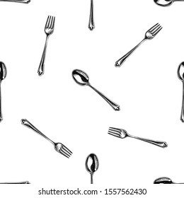 Seamless pattern with black and white spoon, fork
