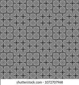 Seamless pattern with black white square dots and straight lines. Optical illusion, illusive effect. Kinetic tile in op art style. Background for cloth, fabric, textile, tartan.
