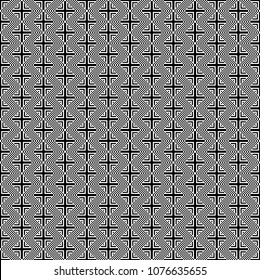 Seamless pattern with black white square dots and straight lines. Optical illusion, illusive effect. Kinetic tile in op art style. Background for cloth, fabric, textile, tartan.