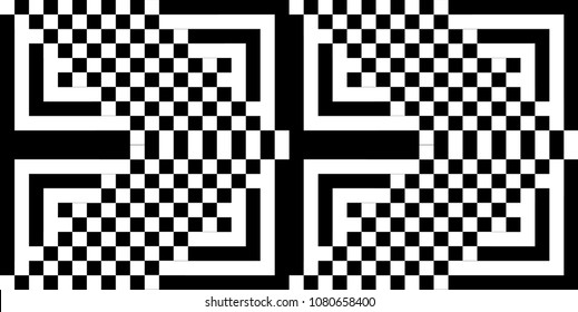 Seamless pattern with black white square dots and straight lines. Optical illusion, illusive effect. Kinetic tile in op art style. Background for cloth, fabric, textile, tartan.