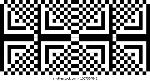 Seamless pattern with black white square dots and straight lines. Optical illusion, illusive effect. Kinetic tile in op art style. Background for cloth, fabric, textile, tartan.