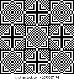 Seamless pattern with black white square dots and straight lines. Optical illusion, illusive effect. Kinetic tile in op art style. Background for cloth, fabric, textile, tartan.