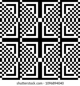 Seamless pattern with black white square dots and straight lines. Optical illusion, illusive effect. Kinetic tile in op art style. Background for cloth, fabric, textile, tartan.