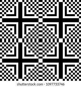Seamless pattern with black white square dots and straight lines. Optical illusion, illusive effect. Kinetic tile in op art style. Background for cloth, fabric, textile, tartan.