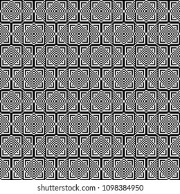 Seamless pattern with black white square dots and straight lines. Optical illusion, illusive effect. Kinetic tile in op art style. Background for cloth, fabric, textile, tartan.