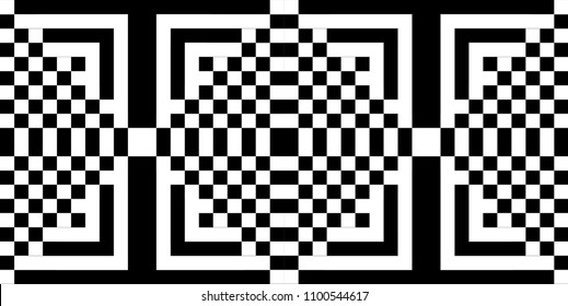 Seamless pattern with black white square dots and straight lines. Optical illusion, illusive effect. Kinetic tile in op art style. Background for cloth, fabric, textile, tartan.