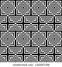 Seamless pattern with black white square dots and straight lines. Optical illusion, illusive effect. Kinetic tile in op art style. Background for cloth, fabric, textile, tartan.