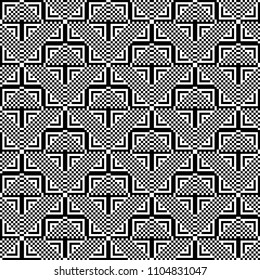 Seamless pattern with black white square dots and straight lines. Optical illusion, illusive effect. Kinetic tile in op art style. Background for cloth, fabric, textile, tartan.