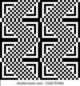 Seamless pattern with black white square dots and straight lines. Optical illusion, illusive effect. Kinetic tile in op art style. Background for cloth, fabric, textile, tartan.