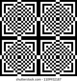 Seamless pattern with black white square dots and straight lines. Optical illusion, illusive effect. Kinetic tile in op art style. Background for cloth, fabric, textile, tartan.