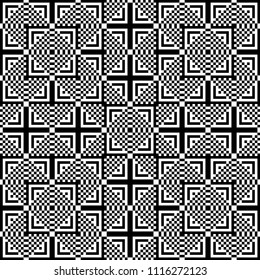 Seamless pattern with black white square dots and straight lines. Optical illusion, illusive effect. Kinetic tile in op art style. Background for cloth, fabric, textile, tartan.