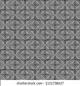 Seamless pattern with black white square dots and straight lines. Optical illusion, illusive effect. Kinetic tile in op art style. Background for cloth, fabric, textile, tartan.