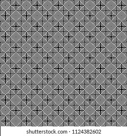 Seamless pattern with black white square dots and straight lines. Optical illusion, illusive effect. Kinetic tile in op art style. Background for cloth, fabric, textile, tartan.