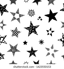 Seamless pattern with black and white stars different forms and sizes. Spotted, striped, fluffy, hand drawn, cosmos, dotted, with simple ornament and othes. 
Bicolor vector stars on white background.