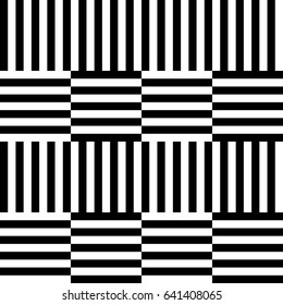Seamless pattern with black white straight striped lines. Simple optical illusion, illusive effect. Kinetic tile in op art. Vector hypnotic background, texture. Decorative frame, vibrant design.