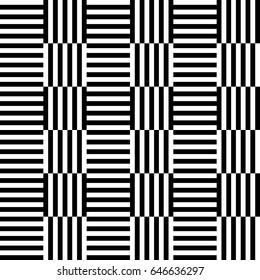 Seamless pattern with black white straight striped lines. Simple optical illusion, illusive effect. Kinetic tile in op art. Vector hypnotic background, texture. Decorative frame, vibrant design.