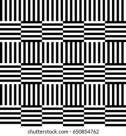 Seamless pattern with black white straight striped lines. Simple optical illusion, illusive effect. Kinetic tile in op art. Vector hypnotic background, texture. Decorative frame, vibrant design.