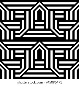 Seamless pattern with black white straight and diagonal striped lines directed up. Vector futuristic industrial background. Optical illusion effect. Geometric tile in op art style.