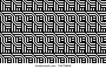 Seamless pattern with black white straight and diagonal striped lines. Vector futuristic industrial background. Optical illusion effect. Geometric tile in op art style.