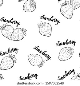 seamless pattern black and white strawberries with lettering text strawberry. design holiday greeting card and invitation of seasonal summer holidays, beach parties, tourism and travel