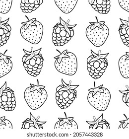 Patrón sin foco con fresas y frambuesas negras y blancas sobre fondo blanco. Ilustración vectorial para tela de niñas, papel textil o de envoltura.