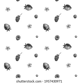 Seamless pattern with black and white strawberry, blueberry, red currant, raspberry, blackberry