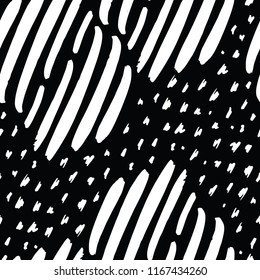 Seamless pattern with black and white striped. Hand drawn black and yellow paint strokes. Grunge style. Hand-drawn stripes, brush strokes, stars. Beautiful vector fashionable floral exotic background.