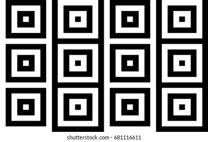 Seamless pattern with black white striped squares. Simple optical illusion, illusive effect. Kinetic tile in op art. Vector hypnotic background, texture. Decorative frame, vibrant design.