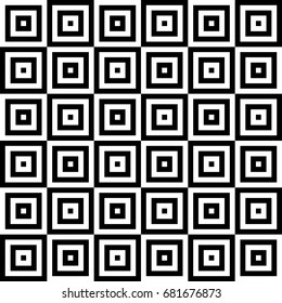 Seamless pattern with black white striped squares. Simple optical illusion, illusive effect. Kinetic tile in op art. Vector hypnotic background, texture. Decorative frame, vibrant design.