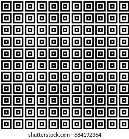 Seamless pattern with black white striped squares. Simple optical illusion, illusive effect. Kinetic tile in op art. Vector hypnotic background, texture. Decorative frame, vibrant design.
