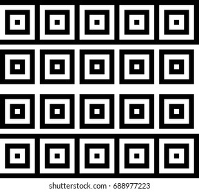 Seamless pattern with black white striped squares. Simple optical illusion, illusive effect. Kinetic tile in op art. Vector hypnotic background, texture. Decorative frame, vibrant design.