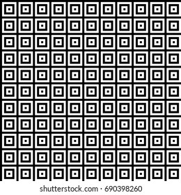 Seamless pattern with black white striped squares. Simple optical illusion, illusive effect. Kinetic tile in op art. Vector hypnotic background, texture. Decorative frame, vibrant design.