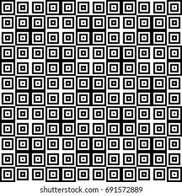 Seamless pattern with black white striped squares. Simple optical illusion, illusive effect. Kinetic tile in op art. Vector hypnotic background, texture. Decorative frame, vibrant design.