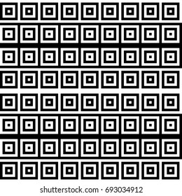 Seamless pattern with black white striped squares. Simple optical illusion, illusive effect. Kinetic tile in op art. Vector hypnotic background, texture. Decorative frame, vibrant design.