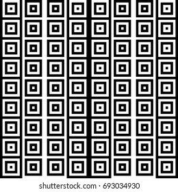 Seamless pattern with black white striped squares. Simple optical illusion, illusive effect. Kinetic tile in op art. Vector hypnotic background, texture. Decorative frame, vibrant design.