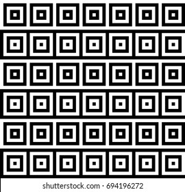 Seamless pattern with black white striped squares. Simple optical illusion, illusive effect. Kinetic tile in op art. Vector hypnotic background, texture. Decorative frame, vibrant design.