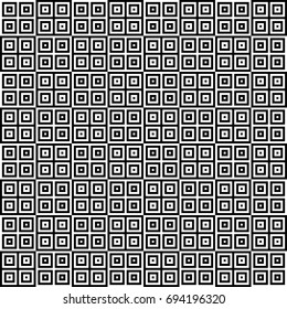 Seamless pattern with black white striped squares. Simple optical illusion, illusive effect. Kinetic tile in op art. Vector hypnotic background, texture. Decorative frame, vibrant design.