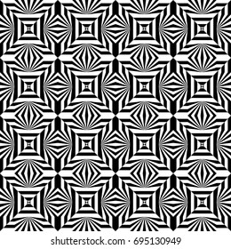 Seamless pattern with black white striped lines, rays, sharp beams. Abstract shining effect, glow light of gemstones. Psychedelic trance crazy chaotic tile. Op art gala element, pulsing kaleidoscope.