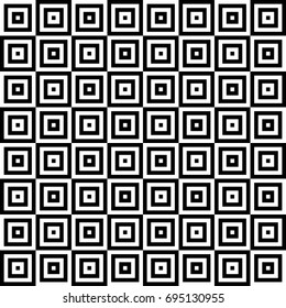 Seamless pattern with black white striped squares. Simple optical illusion, illusive effect. Kinetic tile in op art. Vector hypnotic background, texture. Decorative frame, vibrant design.