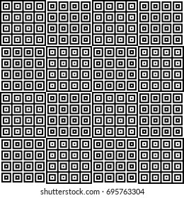 Seamless pattern with black white striped squares. Simple optical illusion, illusive effect. Kinetic tile in op art. Vector hypnotic background, texture. Decorative frame, vibrant design.