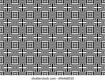 Seamless pattern with black white striped lines, rays, sharp beams. Abstract shining effect, glow light of gemstones. Psychedelic trance crazy chaotic tile. Op art gala element, pulsing kaleidoscope.