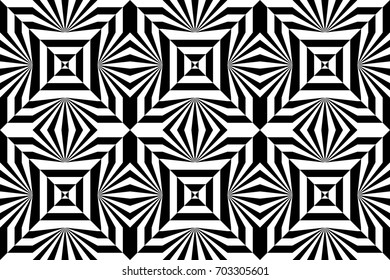 Seamless pattern with black white striped lines, rays, sharp beams. Abstract shining effect, glow light of gemstones. Psychedelic trance crazy chaotic tile. Op art gala element, pulsing kaleidoscope.