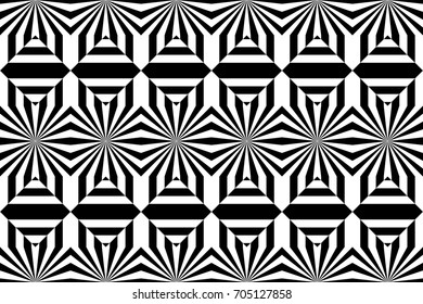 Seamless pattern with black white striped lines, rays, sharp beams. Abstract shining effect, glow light of gemstones. Psychedelic trance crazy chaotic tile. Op art gala element, pulsing kaleidoscope.