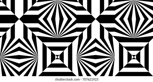 Seamless pattern with black white striped lines, rays, sharp beams. Abstract shining effect, glow light of gemstones. Psychedelic trance crazy chaotic tile. Op art gala element, pulsing kaleidoscope.
