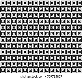 Seamless pattern with black white striped squares. Simple optical illusion, illusive effect. Kinetic tile in op art. Vector hypnotic background, texture. Decorative frame, vibrant design.